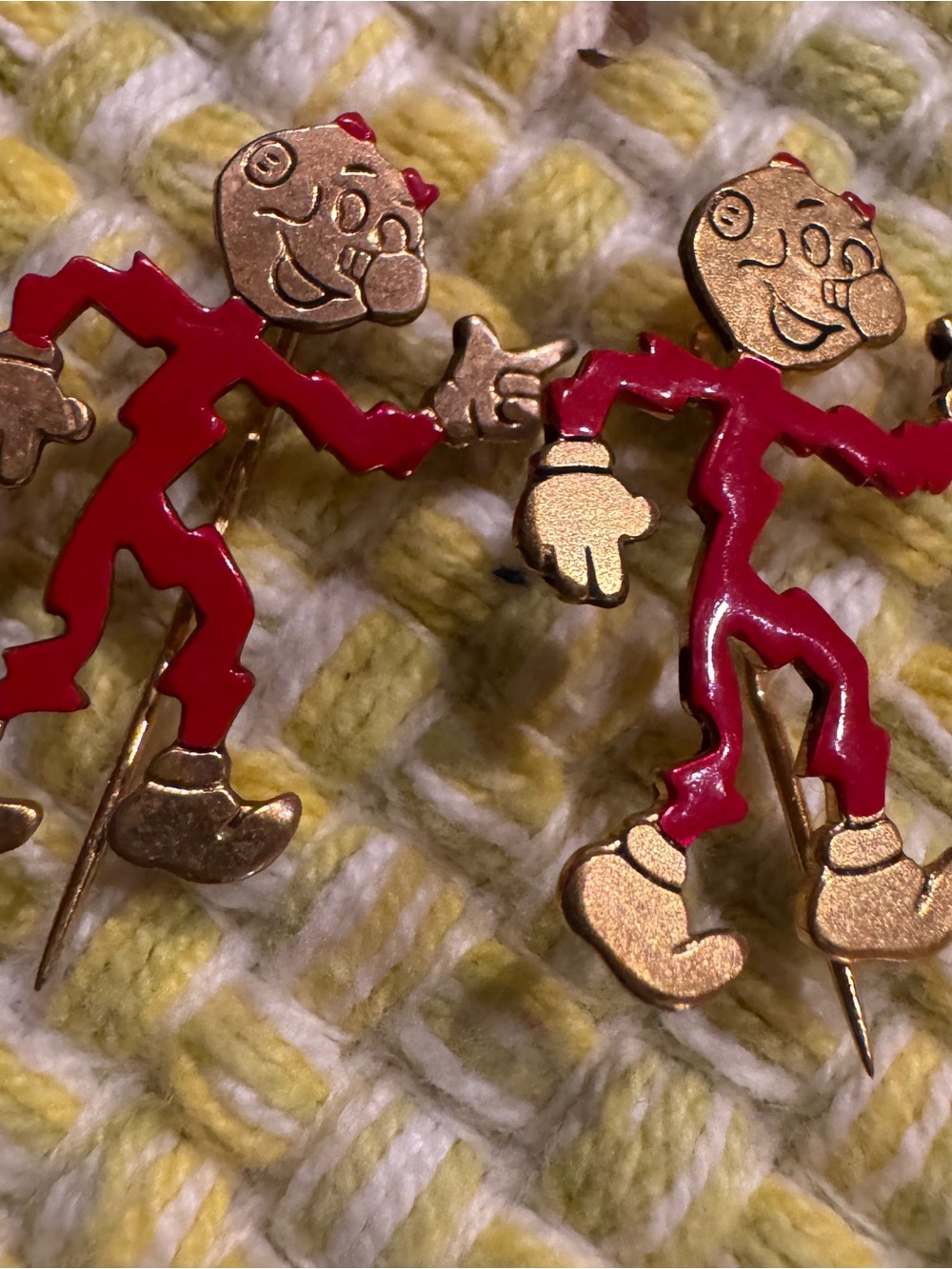Vintage Pair of Red Enamel Dancing Character Reddy Killowatt sticker pins!!
